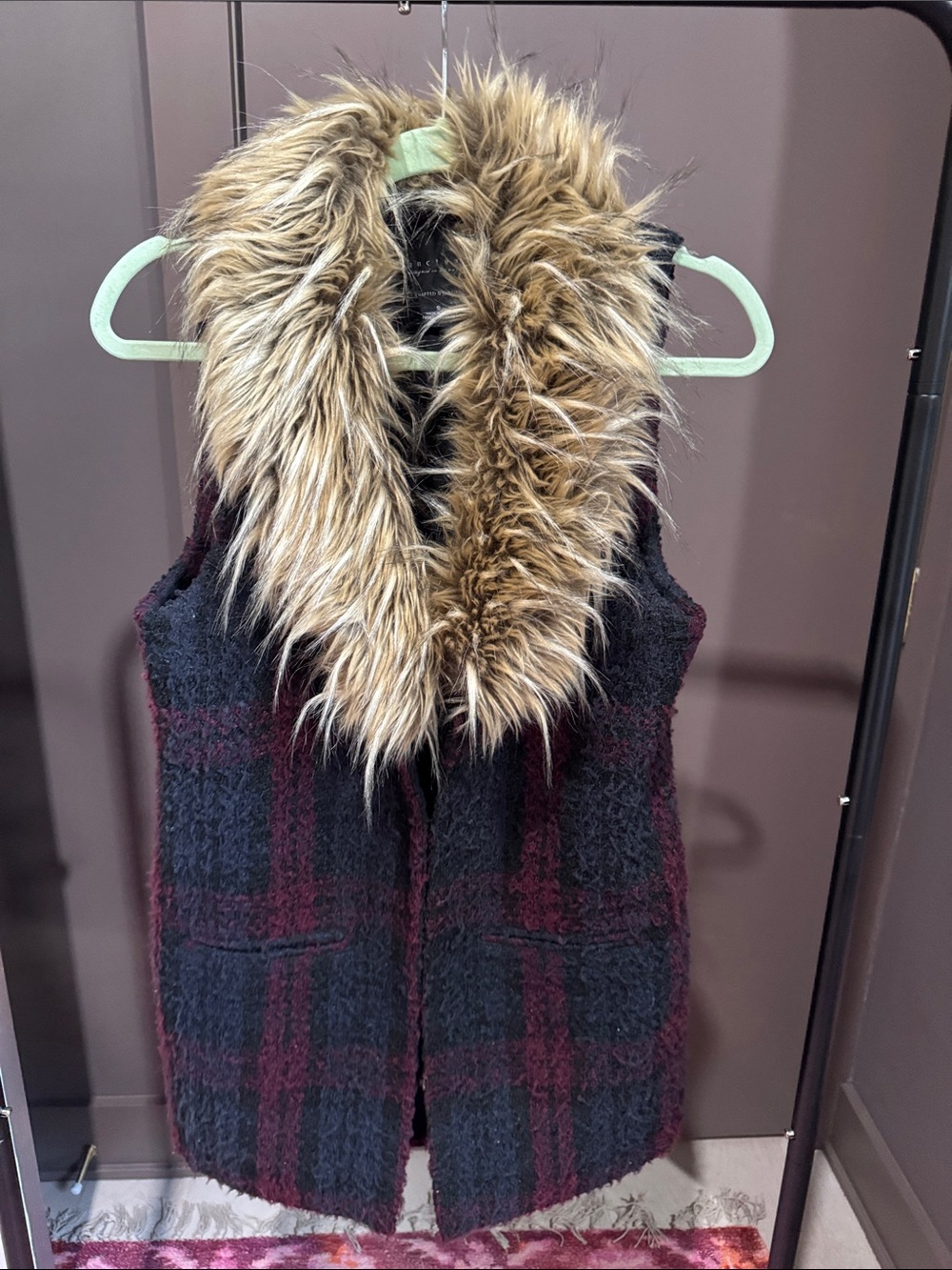 Sanctuary Plaid Knit Vest with Removable Faux Fur Trim